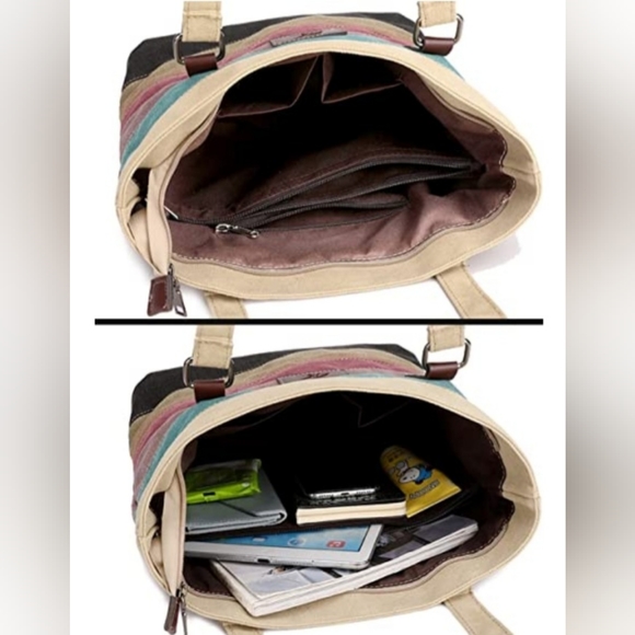 Canvas Multi-Color Striped Lattice Crossbody Shoulder Purse Bag Tote-Handbag NEW - Picture 4 of 7